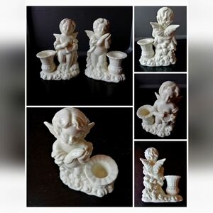 Ivory Off-White Angel Cherub Ceramic Porcelain Candle Holders Figurines Set of 2
